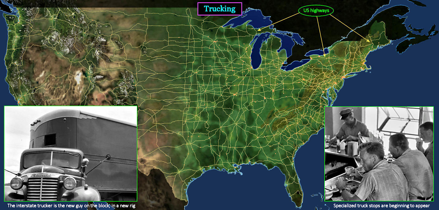 Trucking, US highways, 1930s map